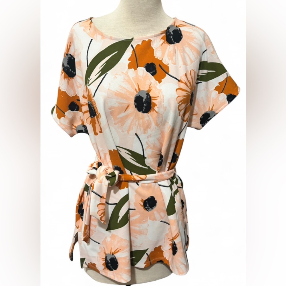 Ann Taylor Factory Floral Belted Blouse Women’s Large Adjustable Waist Top